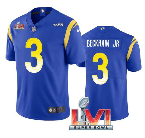 Men's Los Angeles Rams #3 Odell Beckham Jr. 2022 Royal Super Bowl LVI Vapor Limited Stitched Jersey Men's Los Angeles Rams #3 Odell Beckham Jr. 2022 Royal Super Bowl LVI Vapor Limited Stitched Jersey